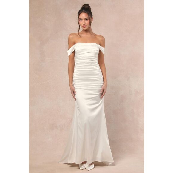 Lulus Torri White Satin Off-the-Shoulder Maxi Dress Size Medium - Picture 1 of 13